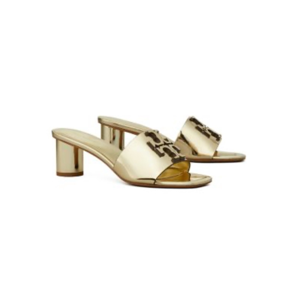 Tory Burch Metallic Gold Slide Sandals with Logo Accent